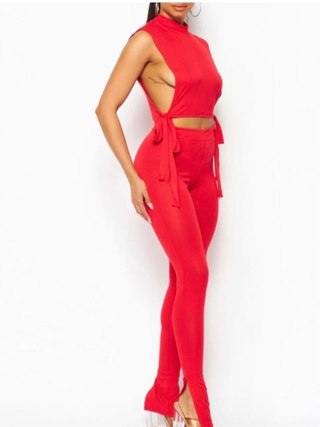 Red Cropped Top Pants Set